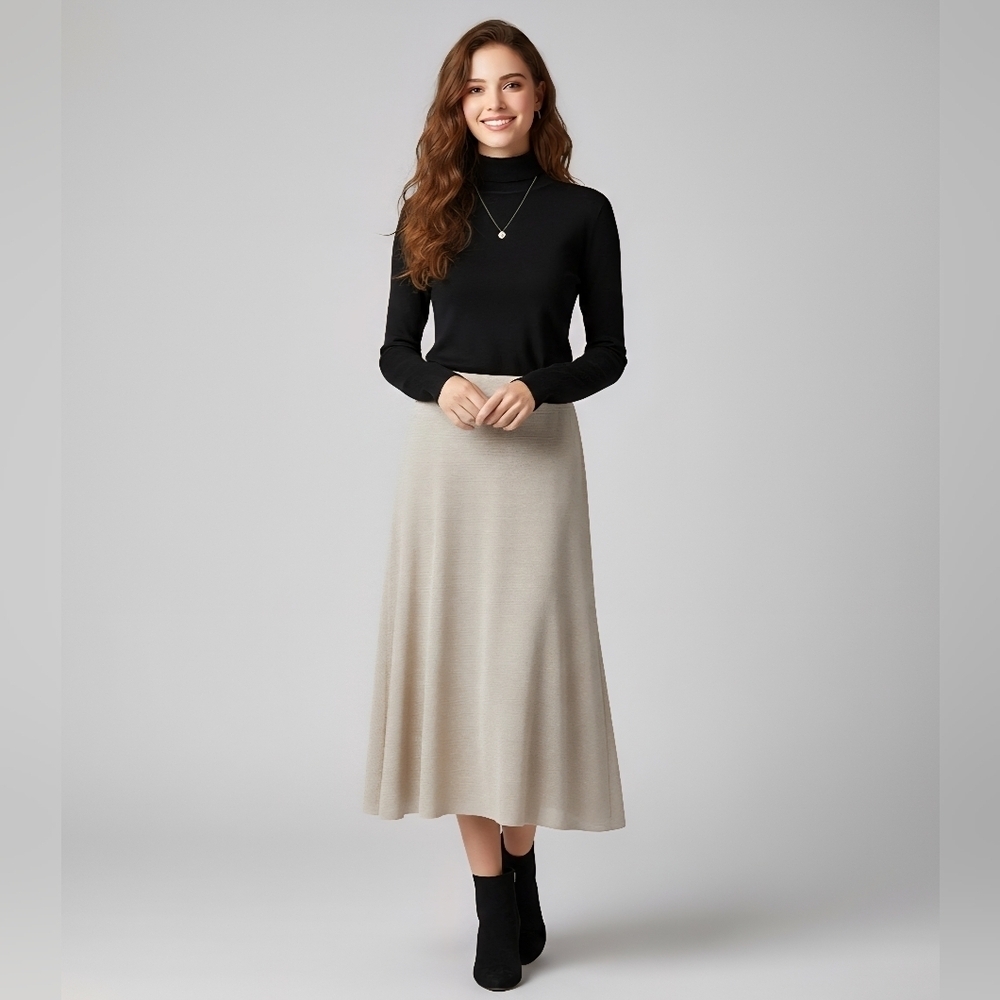 ZARA Knit Iridescent Midi Knit Skirt Beige Silver Shimmer Sz S Fairy Chic Boho